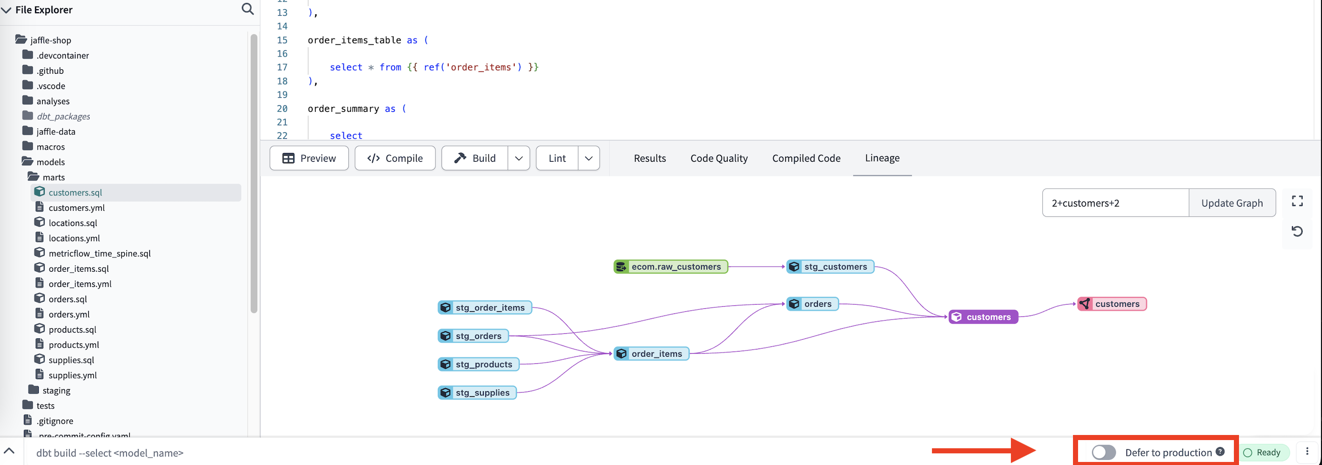 Select the 'Defer to production' toggle on the botom right of the command bar to enable defer in the dbt Cloud IDE.